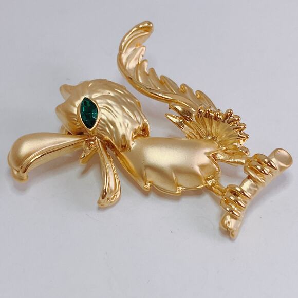 Vintage Gold Tone Bird Brooch Green Rhinestone Eye Figural Whimsical Quirky Pin - Picture 3 of 7